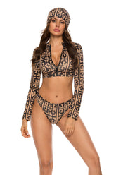 Brown-Print-Long-Sleeved-Front-Zipper-Three-Piece-Suit